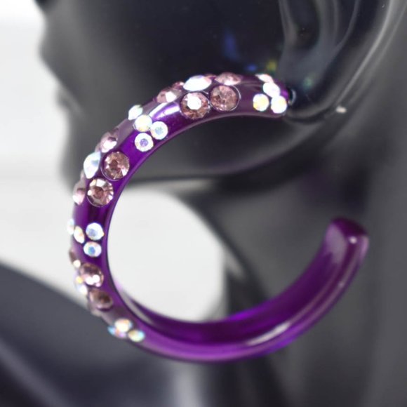 2" Flower Pattern Purple Lucite Rhinestone Hoops - Picture 9 of 13